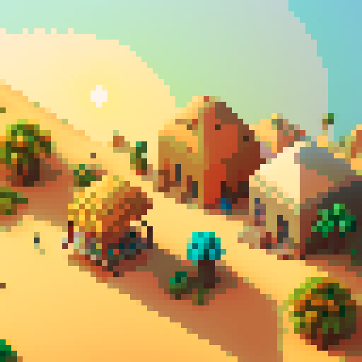 desert village, bustling market, towering sand dunes, colorful rooftops, winding narrow streets, palm trees swaying, vibrant rugs, distant oasis, golden sunsets, sandstone buildings, mosaic patterns, pixel art