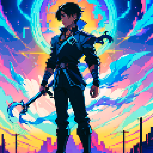 young hero with blue glowing cyber sword shonen with dark hair, astralite, anime game pixel art, A vibrant and colorful RPG-style scene with Super Nintendo graphics, featuring a 16-bit color palette and a resolution of 256x224 pixels