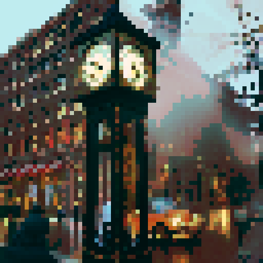 steam clock tower, vintage, retro, steampunk, Victorian, ornate, intricate, gears, brass, copper, clock face, Roman numerals, chiming, steam-powered, towering, mechanical, detailed, pixelated, vibrant colors, sRGB