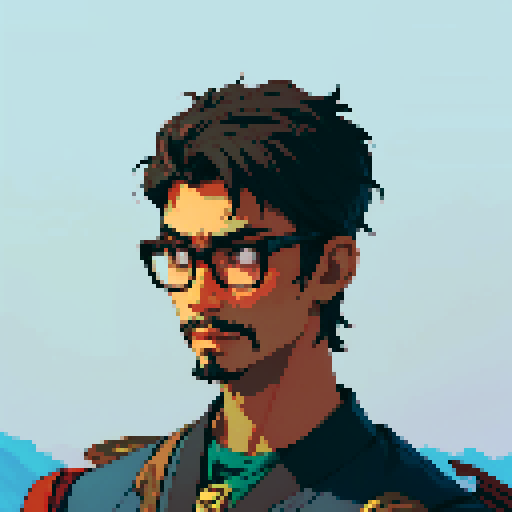 Southeast Asian man, short curly hair, round glasses, tanned, goatee