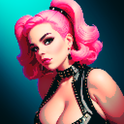 curvy, busty 1980s rocker babe with studded collar. Portrait of head, in a close up glamour shot.  Wearing Halter top. Neon lighting, modern tile backsplash