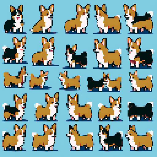 9 cute corgi dog sprites of (different) colors and poses including: Pembroke Welsh Corgis and Cardigan Welsh Corgis Red
Sable
Fawn
Black
Tricolor (Black, Tan, and White)
Blue Merle
Brindle
White (with patches of other colors)
Chocolate (less common)
Tan (often seen in conjunction with other colors)