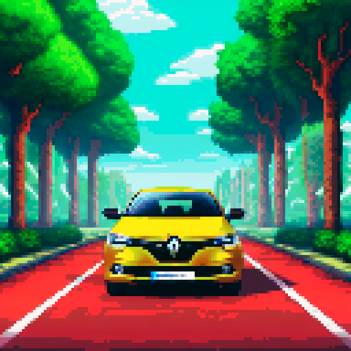 Photorealistic whole Renault Megane, centered, three-quarter view, right front wheel, clean background, sRGB colors, pixel art style