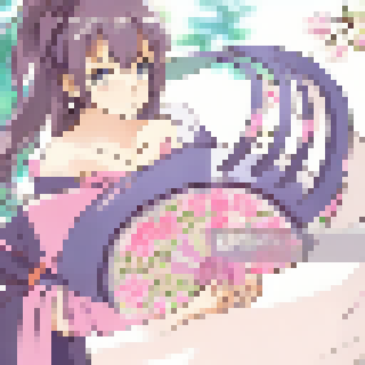 Anime-style beautiful girl with voluptuous breasts surrounded by cherry blossom trees, holding a fan and wearing a flowing yukata.