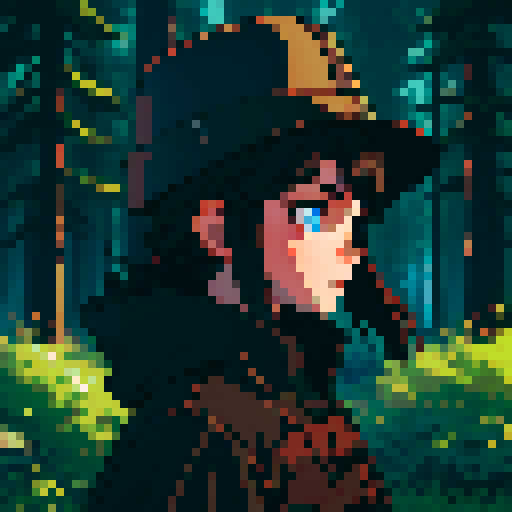 Dark night time in the forest background, profile picture, young girl, rounded face, blue eyes, short black hair, brown coat, brown hat, small chest