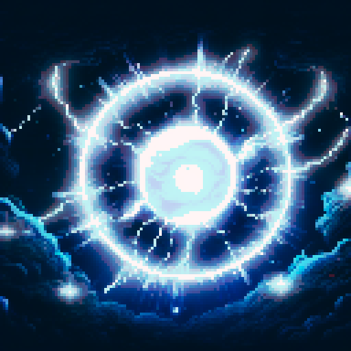 white, glowing, magical, electric orb, floating in space, wide image, sRGB, pixel art, background, landscape