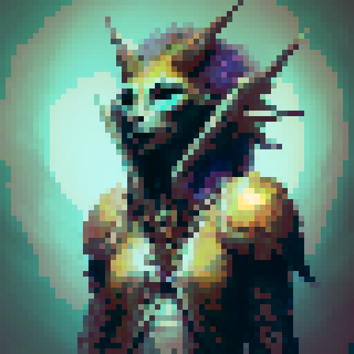 tribal warrior, savanna, spear, fantasy RPG, fierce expression, intricate tattoos, flowing mane, ornate armor, vibrant feathers, mystical aura, dramatic lighting