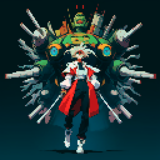 full-body image mad scientist facing left with giant robot