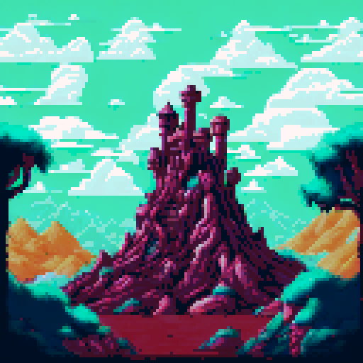 evil medival fantasy landscape, dead trees on floor, wasteland, jagged rocks, evil tower in background, sRGB, pixel art, background, landscape