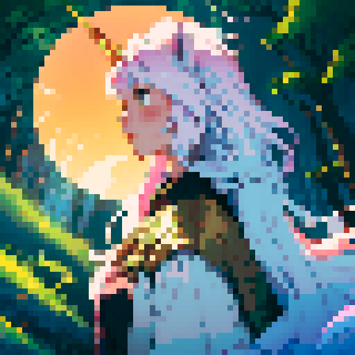 unicorn woman hybrid with cloven hooves, ethereal mane flowing, delicate golden horn, playful expression, bathed in the moons glow in a forest, clear detail, pixel art style, sRGB format