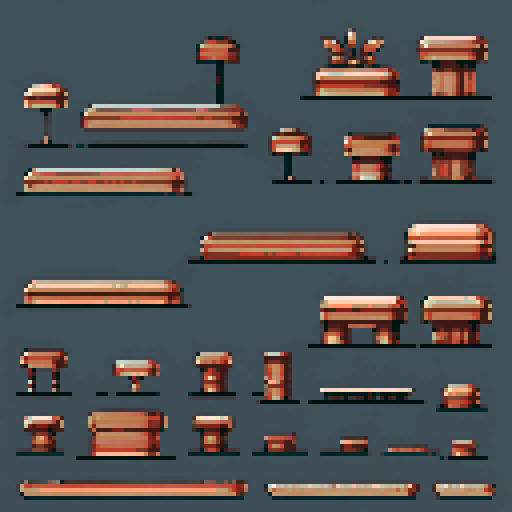 I want a horizontally wide copper platform. I want this object usable an asset in a videogame, meaning only one object per image, outlined with a strong black stroke, on a solid-color background. 