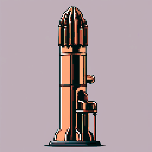 I want a tall vertical copper structure reminiscent of a organ pipe. It should have strange mechanical details that could interlock with each other. I also want this object usable an asset in a videogame, meaning only one object per image, outlined with a strong black stroke, on a solid-color background.