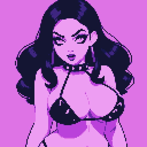 curvy, busty goth girl with black hair, purple eyeshadow, and lipstick, wearing a bikini and a studded collar, pixel art.
