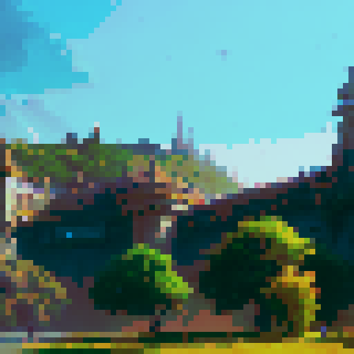 a majestic castle on a hill over a mini bus rank and purple jacaranda trees with tiny people