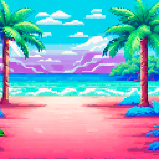 Palm trees swaying in the warm breeze, crystal clear ocean water lapping at the sandy shore, and colorful beach towels scattered across the landscape