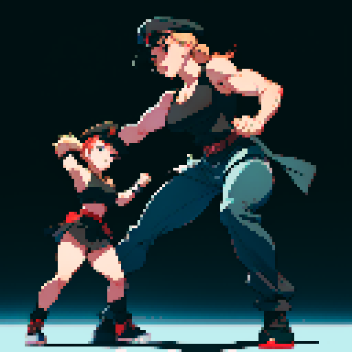 full-body image, muscle girl, female, thick biceps, big shoulders, big fists, muscular physique, thick waist, facing left, ready to fight, exaggerated proportions, black military uniform, black hat, military backdrop, sRGB, pixel art, no background, no backdrop, facing left, fists raised, ready to fight