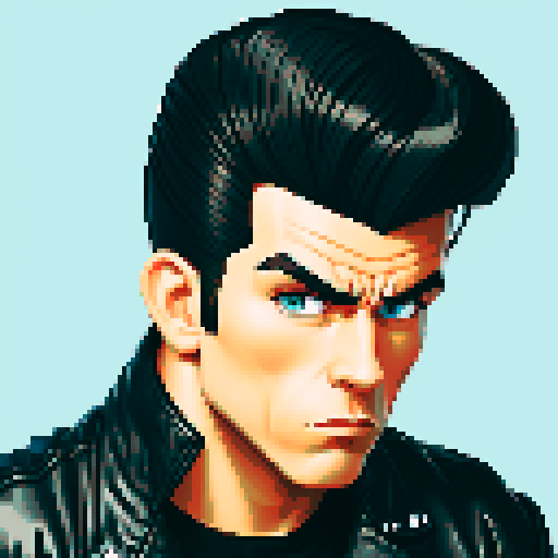Muscular, tough greaser man with a pompadour hairstyle, wearing a motorcycle jacket, pixel art, sRGB colors, portrait, face avatar