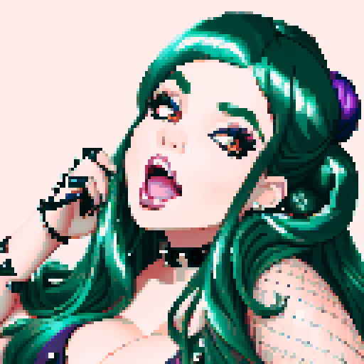 Nude portrait of thicc, curvy, and busty goth babe with studded collar, long purple hair in buns, fishnet stockings, studded haltertop, sRGB color