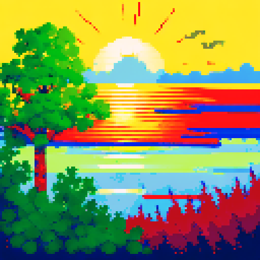 pixel art of a serene landscape of trees and water, and a sunrise with the sun clearly visible in the middle. Bright scene. Foliage and flowers in the forefront. use of simple primary colors of red blue yellow and green. high saturation