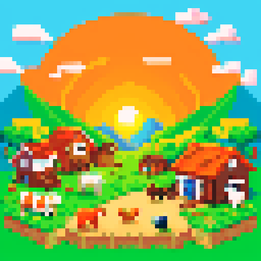 Cute orange sun rising over a pixel art farm in a sRGB style, with monster cows grazing in a big farm surrounded by a town and a cave in the mountains on the Sunshire title screen