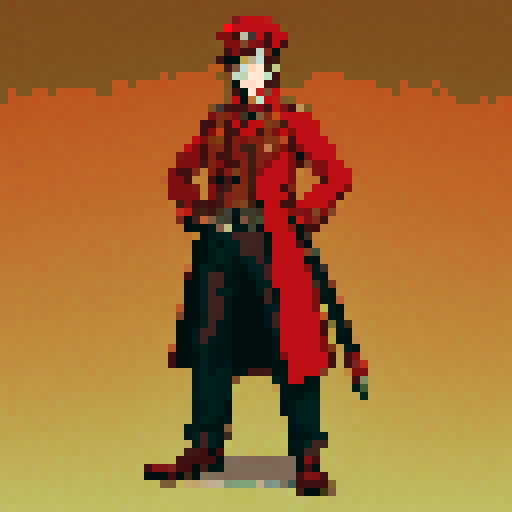 steampunk young man, red coat, red hat, 2D game stance, pixel art, sRGB, full body