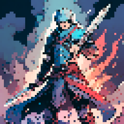 A battle-hardened RPG warrior clutching a majestic blade against a backdrop of swirling elemental magic