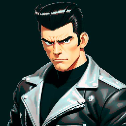 Muscular, tough greaser man with a pompadour hairstyle, wearing a motorcycle jacket, pixel art, sRGB colors, portrait, face avatar