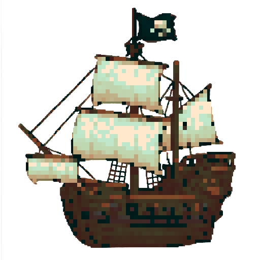 Pirate ship, large cannons, two white square sails, facing North, 3/4 view, transparent background, sRGB, pixel art
