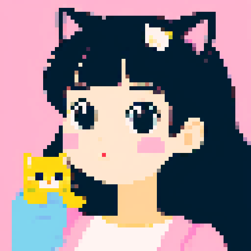 flat illustration of a girl with many cats, cartoon style, close-up