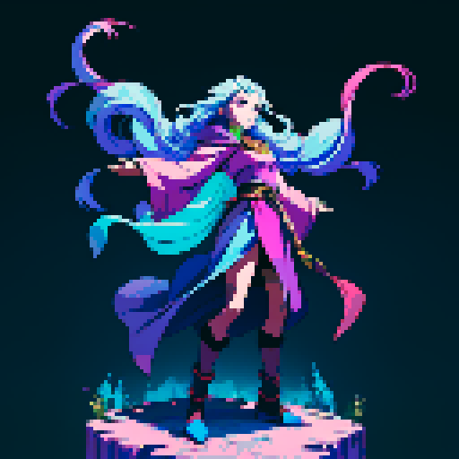 full-body art, sorceress with four arms, blue skin, facing right, ready to fight, surrounded by colorful magic, pixel art, sRGB
