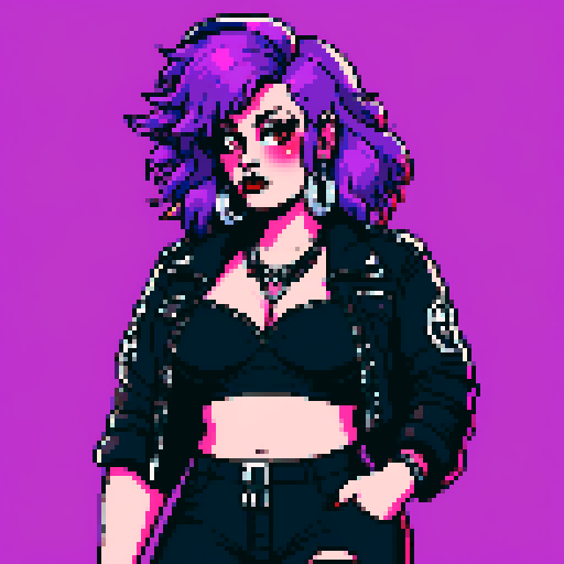 Plus size busty greaser goth girl, with long purple hair, eyeliner, red lipstick. wearing leather bikini top and studded collar. Posing for a face portrait, avatar photo. vibrant sRGB colors, pixel art, edgy aesthetic