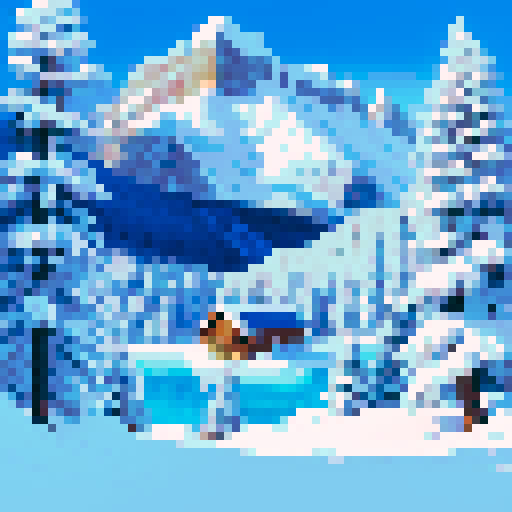 Snow-capped peaks towering over pine forests and frozen lakes, with a cozy cabin nestled in the valley, all rendered in a vibrant, pixelated art style on an sRGB background