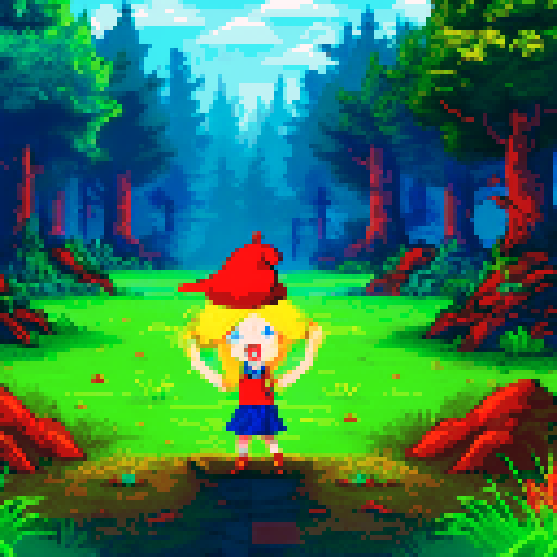 Angry little girl with blonde hair wearing a red pointy hat in a green forest next to a campfire