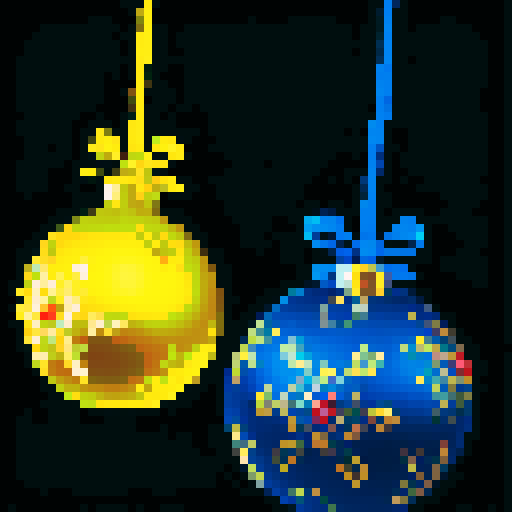 Christmas balls, vibrant colors, shiny reflections, thread swaying, intricate pixelated details, festive patterns, sRGB color palette, delicate ornaments, sparkling highlights, hanging decorations