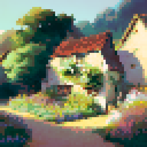 Golden wheat fields sway in the summer breeze as a quaint village nestled among small woods beckons in this warm, pastoral landscape portrait.