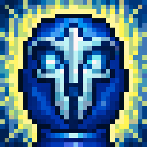 Space robot, metallic and sleek, with glowing blue eyes, intricate circuitry patterns, and sharp, angular features, rendered in a vibrant, pixelated 32x32 game icon style, showcasing its sRGB color palette, skillfully capturing a close-up portrait