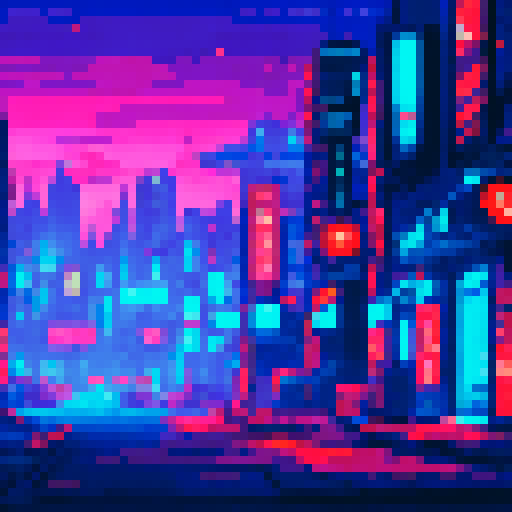 Create a pixel art illustration of a cyberpunk bar with a detailed bar counter. The scene should have a side-scroll perspective, capturing the bustling atmosphere typical of 2D games. Make sure to include neon lights, futuristic decor, and characters interacting within the bar. The image should have a trendy and stylish aesthetic, reflecting the vibrant and edgy nature of the cyberpunk genre.