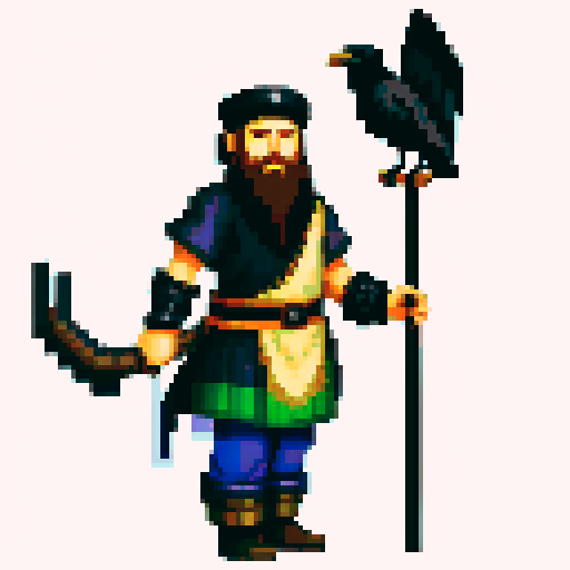 raven-like druid with beard, staff in hand