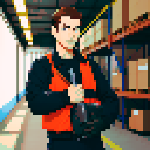 A male warehouse worker for Amazon Germany, wearing jacket, gloves and safety boots
