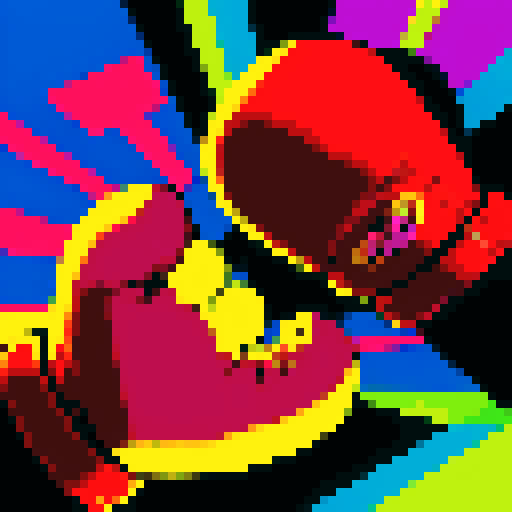 boxing glove, vibrant colors, bold lines, pixelated texture, cartoonish style, comic book aesthetic, dramatic shadows, dynamic motion, high contrast, pow shape, retro video game vibe, sRGB color space