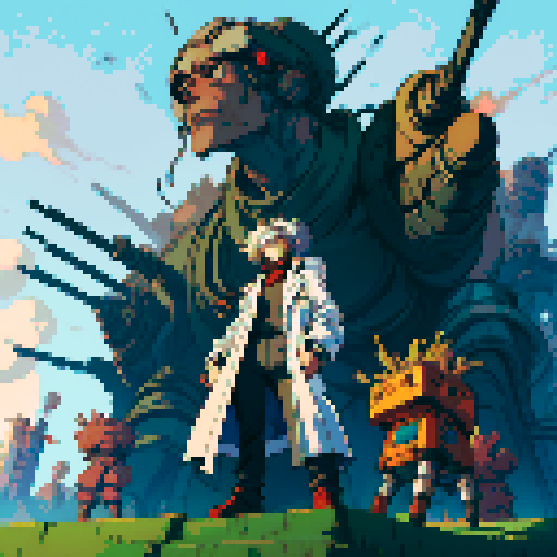 full-body image of a mad scientist with wild hair, lab coat, and goggles, who is facing to the left, giant robot towering in the background, detailed pixel art