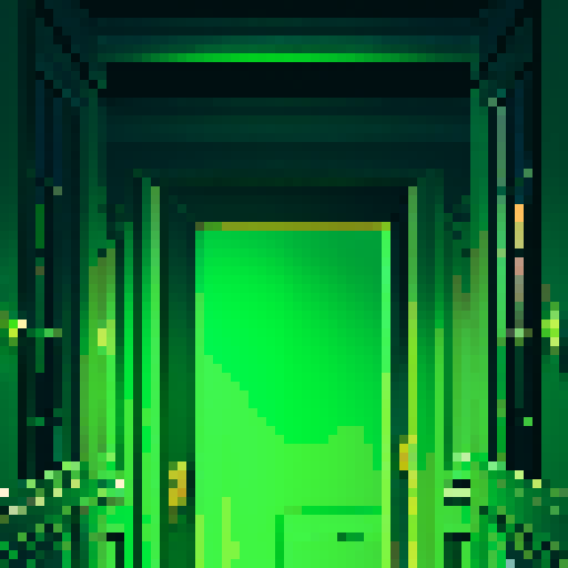closeup of a pixelated, sRGB-style door, revealing an otherworldly environment with infinite identical doors hidden within
