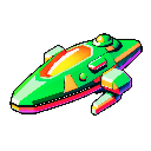 Green spaceship, retro, low resolution, vibrant colors, geometric shapes, angular design, glowing thrusters, metallic finish, glossy surface, starry background, cosmic atmosphere, sci-fi aesthetic, futuristic, extraterrestrial, otherworldly, nostalgic, video game-inspired
