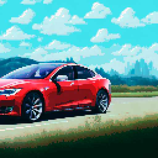 Photorealistic whole Tesla Model S, centered, three-quarter view, clean background, realistic colors, pixel art style
