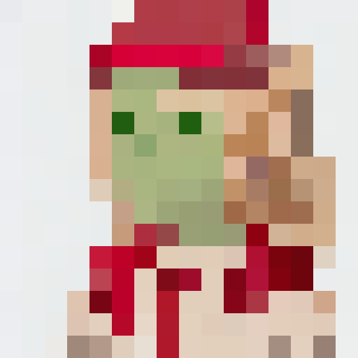 Green-skinned character with shoulder-length blonde hair, styled with straight bangs and a high ponytail, sporting green eyes with a neutral, somewhat bored expression Face features a subtle blush on the cheeks and a slight frown Large pinkish-red goggles rest on top of the head Wearing a white jacket over a red vest and a red tie A white shirt with a visible collar completes the outfit Background showcases a pixel art landscape in sRGB style