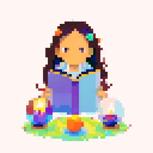 Colorful Illustration of a charming young witch with a boho vibe, reading a crystal ball, viewed from the client's perspective, mystical atmosphere with candles and herbs