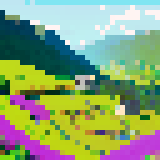 Scottish highlands, rolling green hills, majestic mountains, quaint stone cottages, peaceful lochs, vibrant heather fields, misty landscapes, pixelated beauty, vibrant color palette, sRGB perfection