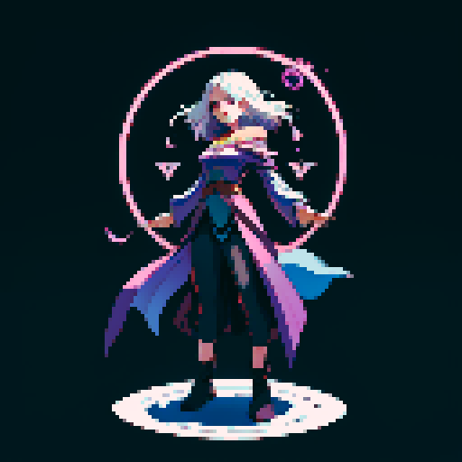 full-body image, sorceress, floating, arms out, magic circles, magic power, spell, evil sorceress, evil witch, magic symbols, sRGB, pixel art