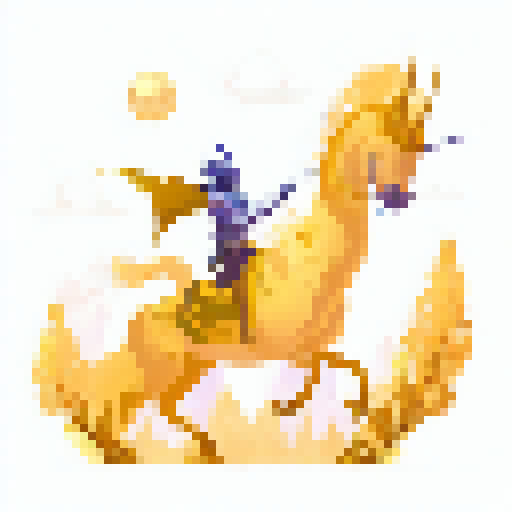 A yellow-clad business support hero wielding a glowing sword and riding a majestic unicorn charges through a mystical forest filled with floating orbs and giant mushrooms in a fantasy RPG-inspired illustration.