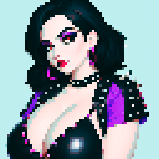 curvy, busty goth, cute goth woman's face, black hair, purple eyeshadow, red lipstick, studded leather string bikini, face portrait, beauty photo, vibrant sRGB colors, pixel art